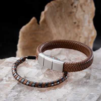 Set Pulseras | Cuero Café-Hematita