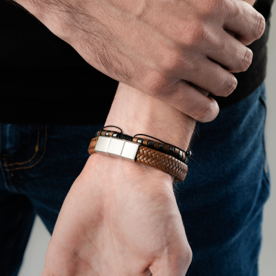Set Pulseras | Cuero Café-Hematita