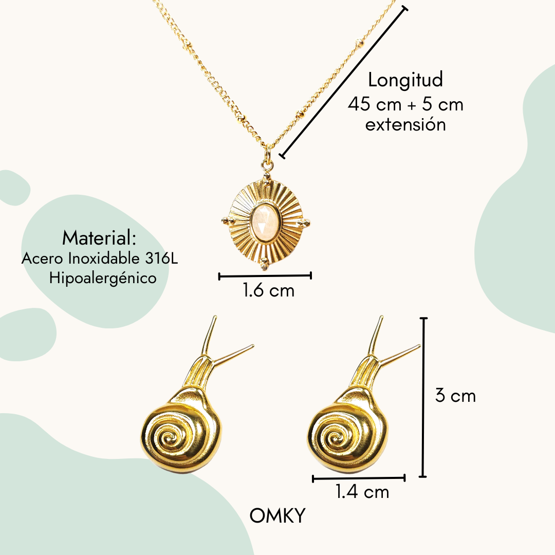 Set CARACOL - Juego de Collar con Cuarzo Blanco y Aretes Acero Inoxidable Caracol Chapa Oro 18k