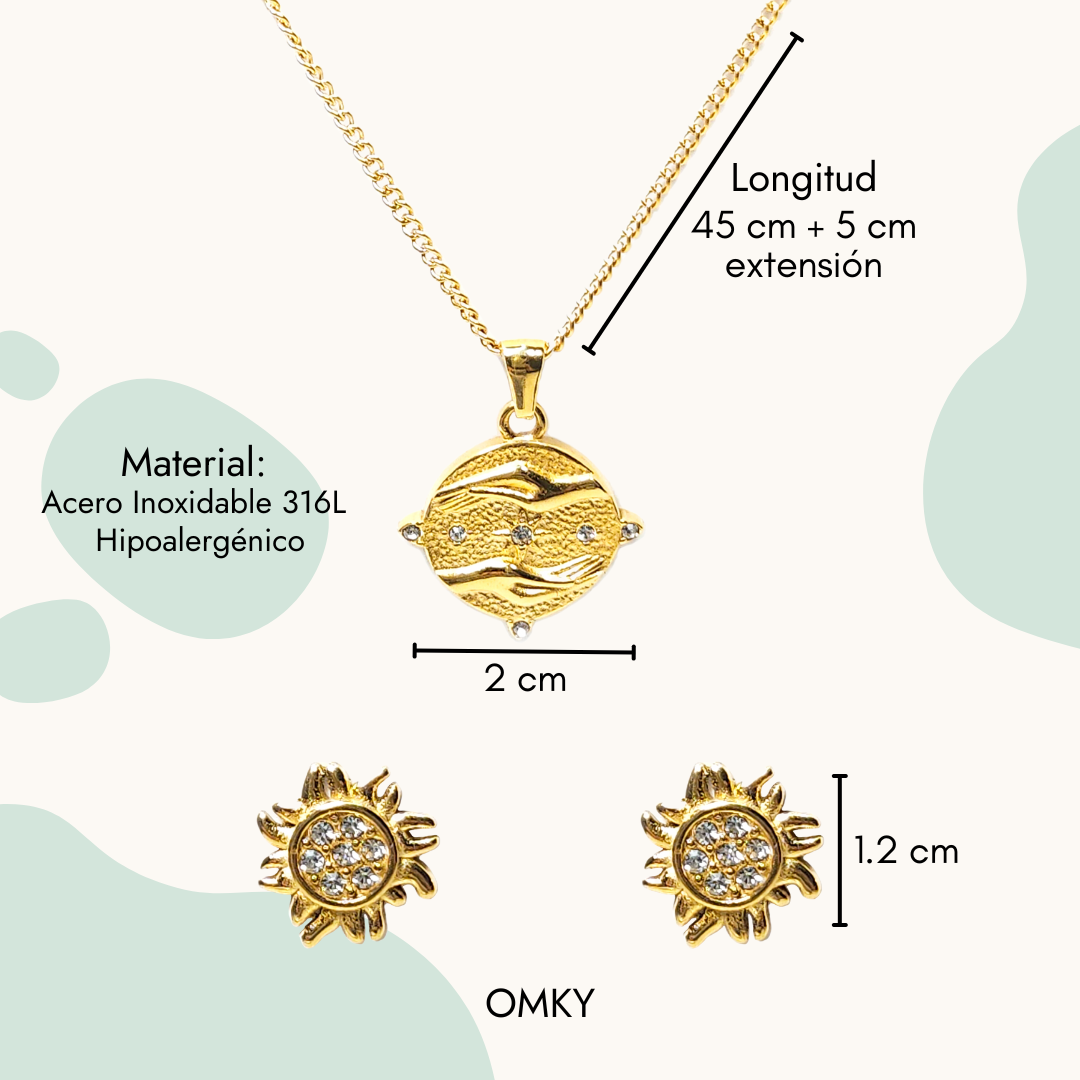 Set SOL - Juego de Collar y Aretes Sol Zirconia Acero Inoxidable Chapa Oro 18k
