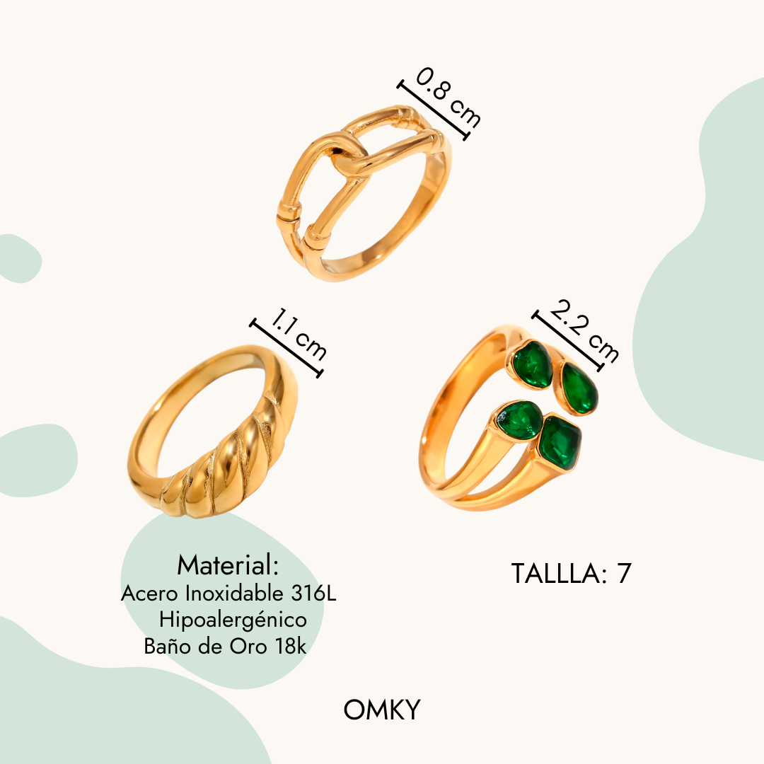Set Anillos Acero Inoxidable 316L | ESMERALDA