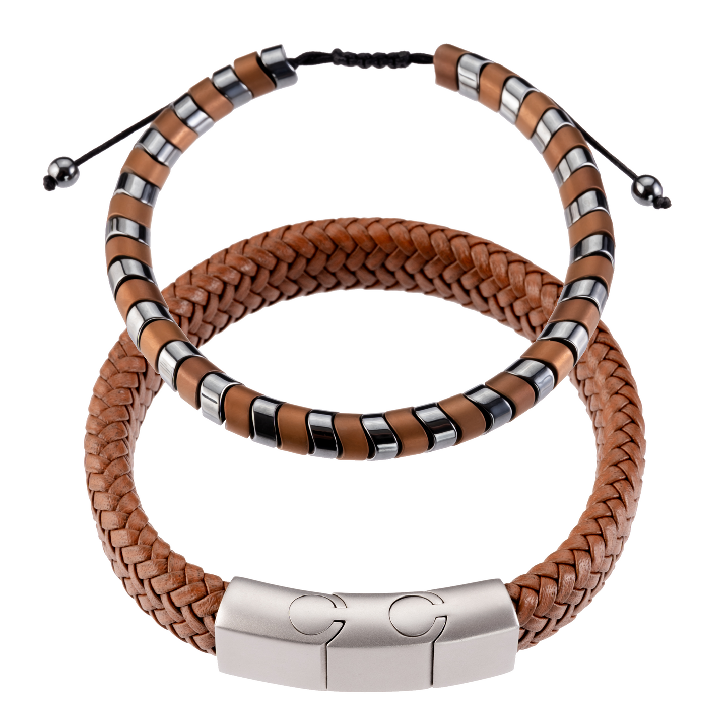 Set Pulseras | Cuero Café-Hematita